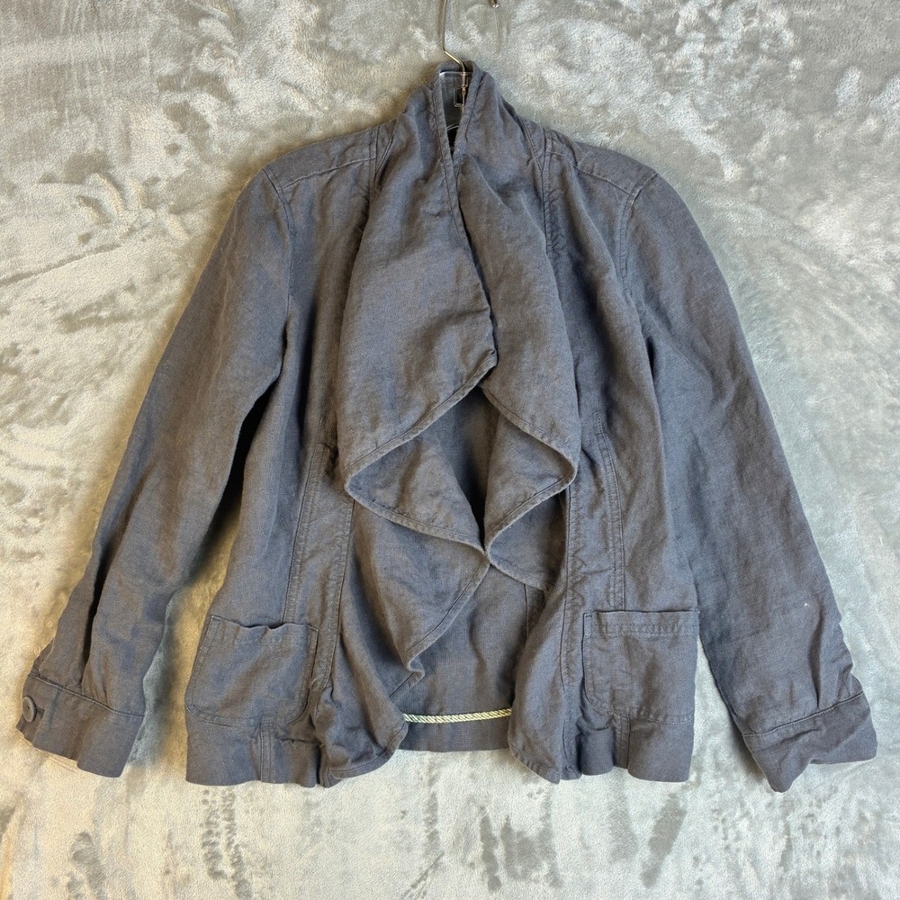 Laura Ashley Womens‎ Gray 100% Linen Waterfall Draped Open Front Jacket Size 4